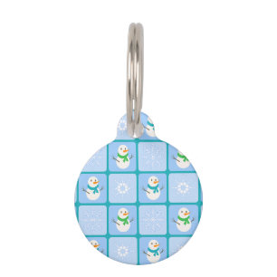 Winter chequered pattern snowman and snowflakes pet tag