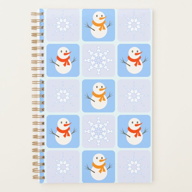Winter chequered pattern snowman and snowflakes planner (Front)