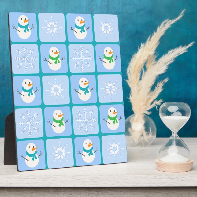 Winter chequered pattern snowman and snowflakes plaque (Side)