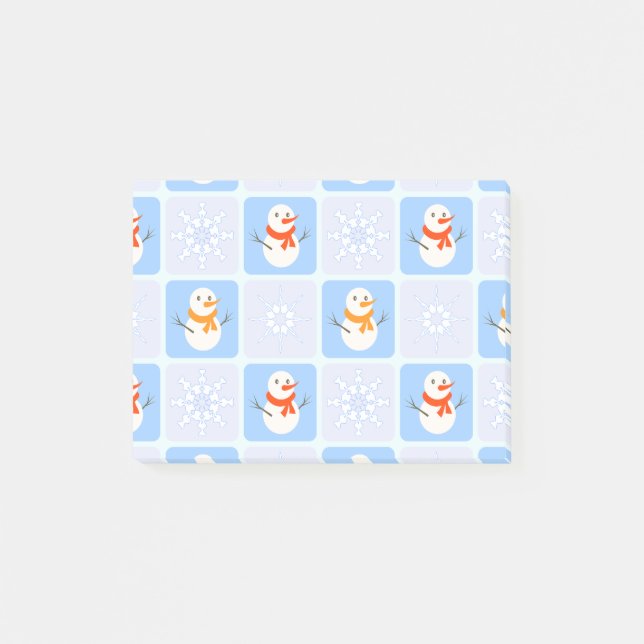 Winter chequered pattern snowman and snowflakes post-it notes (Front)