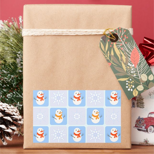 Winter chequered pattern snowman and snowflakes rectangular sticker (Holiday)