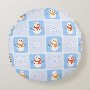 Winter chequered pattern snowman and snowflakes round cushion