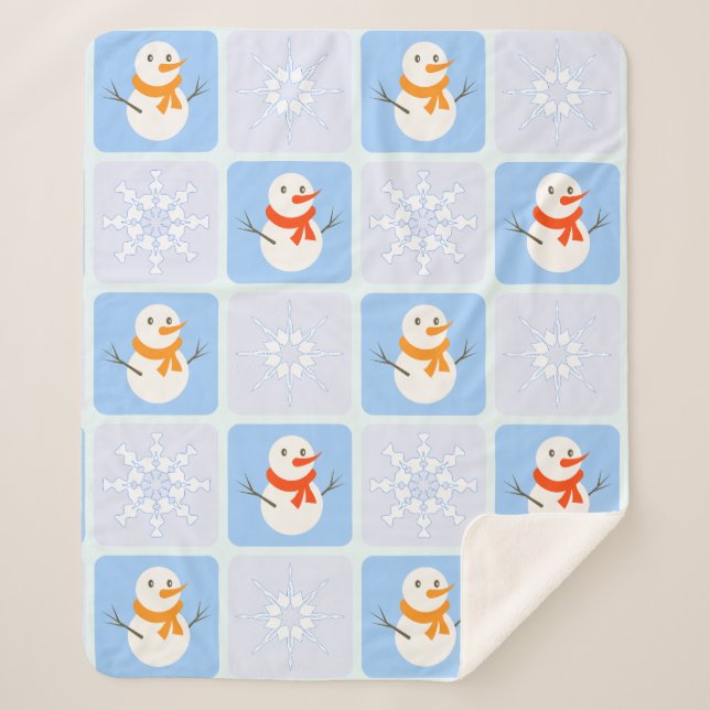 Winter chequered pattern snowman and snowflakes sherpa blanket (Front)