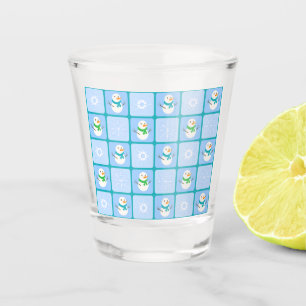 Winter chequered pattern snowman and snowflakes shot glass
