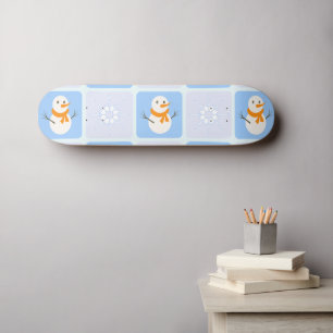 Winter chequered pattern snowman and snowflakes skateboard