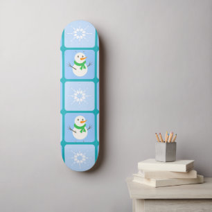 Winter chequered pattern snowman and snowflakes skateboard