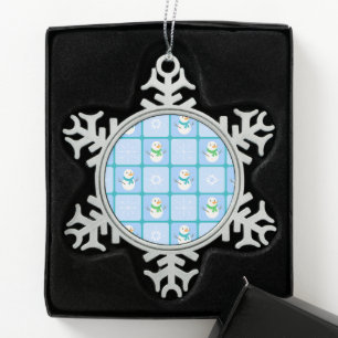 Winter chequered pattern snowman and snowflakes snowflake pewter christmas ornament