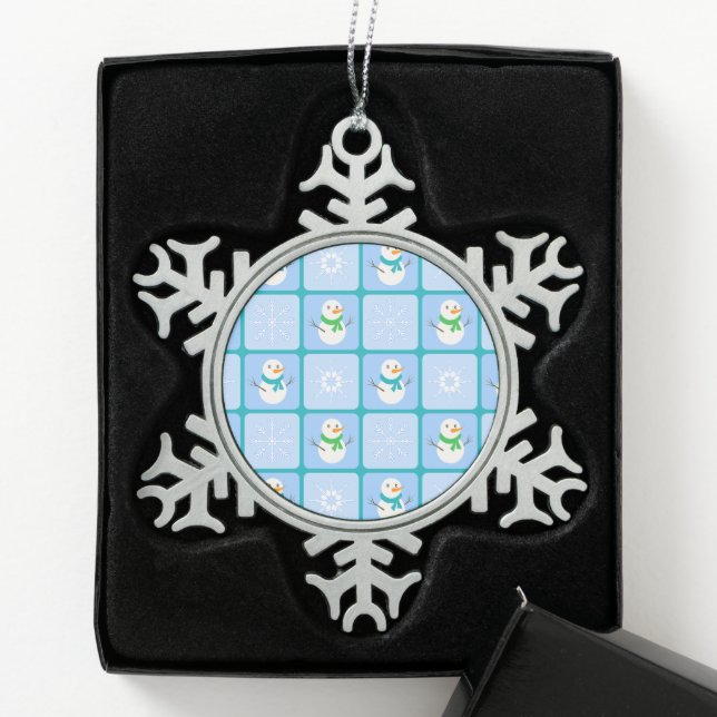 Winter chequered pattern snowman and snowflakes snowflake pewter christmas ornament (Box)