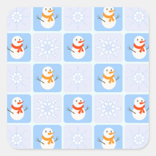 Winter chequered pattern snowman and snowflakes square sticker