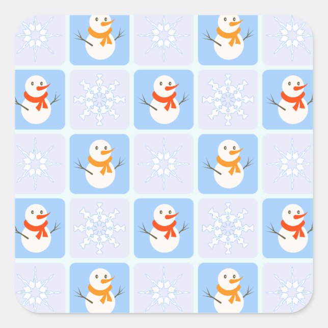 Winter chequered pattern snowman and snowflakes square sticker (Front)