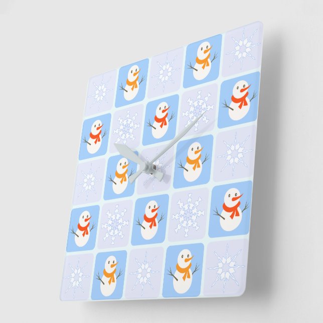 Winter chequered pattern snowman and snowflakes square wall clock (Angle)