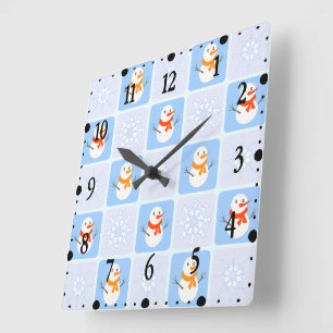 Winter chequered pattern snowman and snowflakes square wall clock