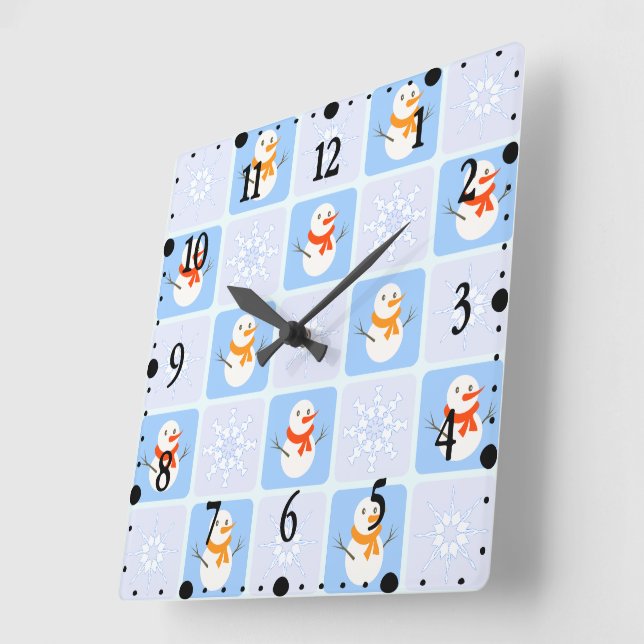 Winter chequered pattern snowman and snowflakes square wall clock (Angle)