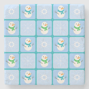 Winter chequered pattern snowman and snowflakes stone coaster