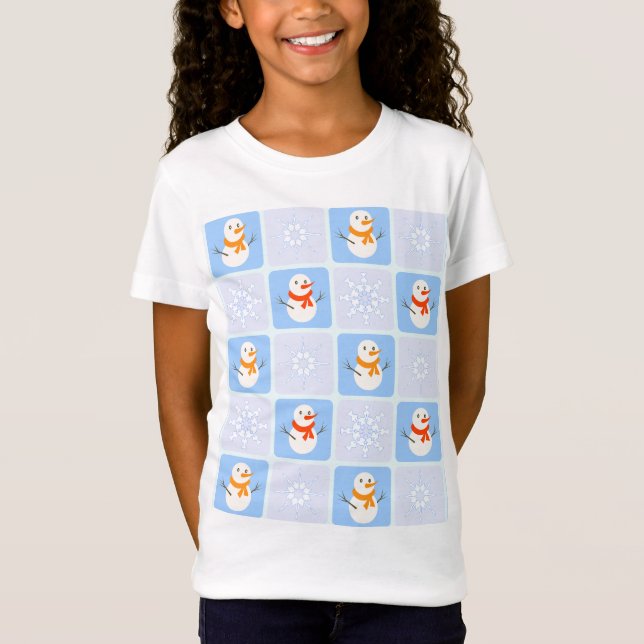 Winter chequered pattern snowman and snowflakes T-Shirt (Front)