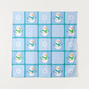 Winter chequered pattern snowman and snowflakes tapestry