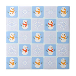 Winter chequered pattern snowman and snowflakes tile