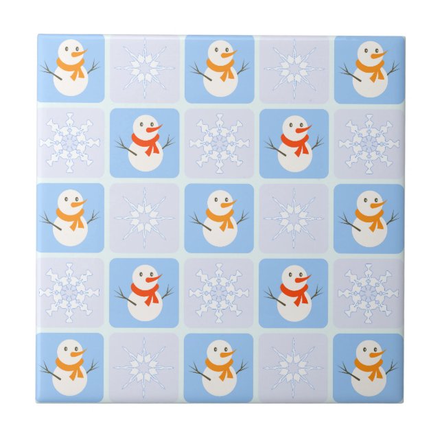 Winter chequered pattern snowman and snowflakes tile (Front)
