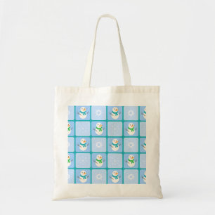 Winter chequered pattern snowman and snowflakes tote bag