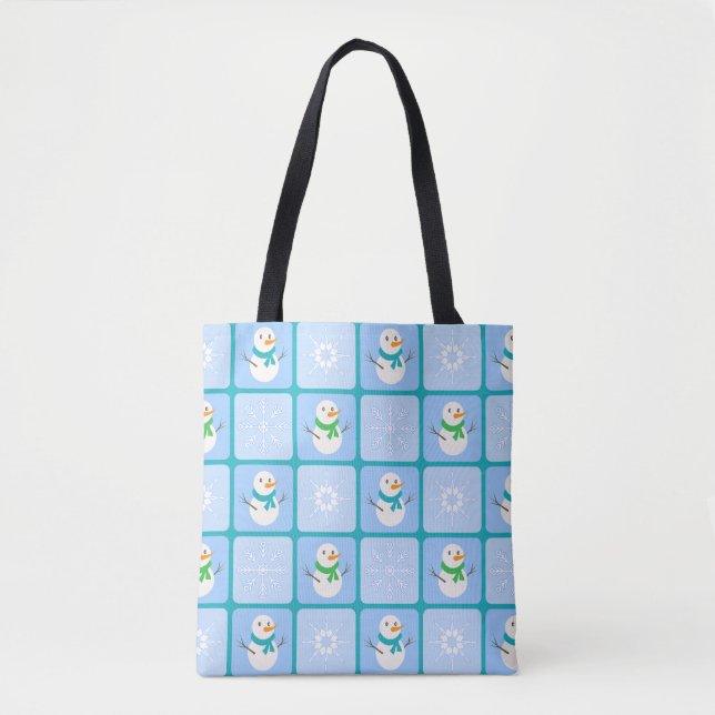 Winter chequered pattern snowman and snowflakes tote bag (Front)