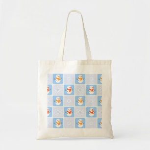 Winter chequered pattern snowman and snowflakes tote bag