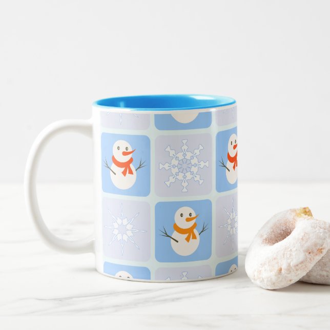 Winter chequered pattern snowman and snowflakes Two-Tone coffee mug (With Donut)
