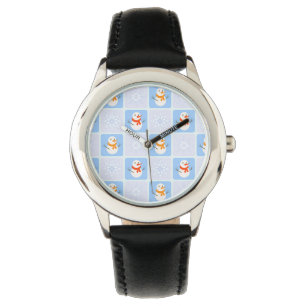 Winter chequered pattern snowman and snowflakes watch