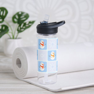 Winter chequered pattern snowman and snowflakes water bottle
