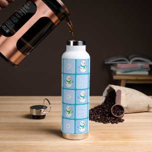 Winter chequered pattern snowman and snowflakes water bottle
