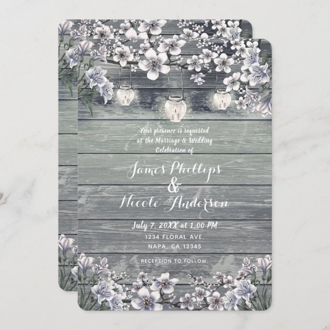 Winter Cherry Blossom Branches & Lanterns Wedding Invitation (Front/Back)
