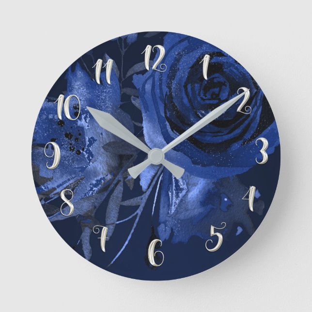 Winter Chic Bold Floral Blue Roses Elegant Chic Round Clock (Front)