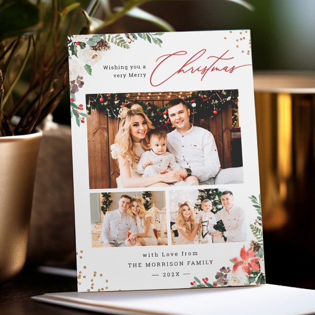 Winter Chic Botanical Floral 3 Photo Christmas Holiday Card (Creator Uploaded)