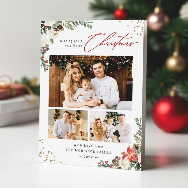 Winter Chic Botanical Floral 3 Photo Christmas Holiday Card (Creator Uploaded)