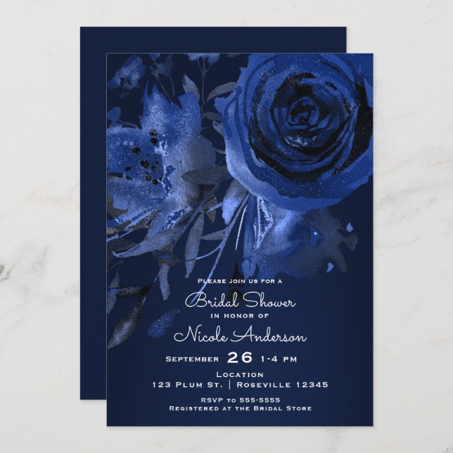 Winter Chic Floral Blue Rose Bold Bridal Shower Invitation (Front/Back)