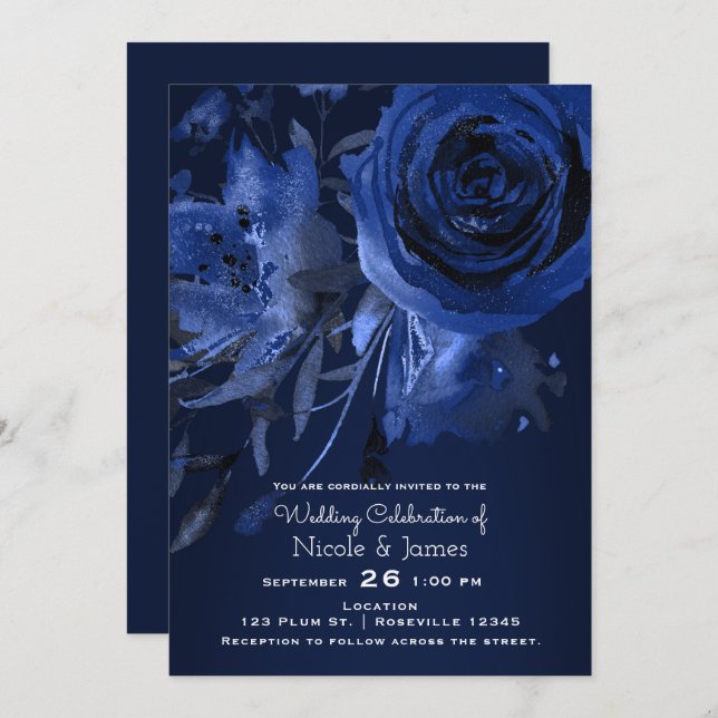 Winter Chic Floral Blue Rose Bold Wedding Invitation (Front/Back)