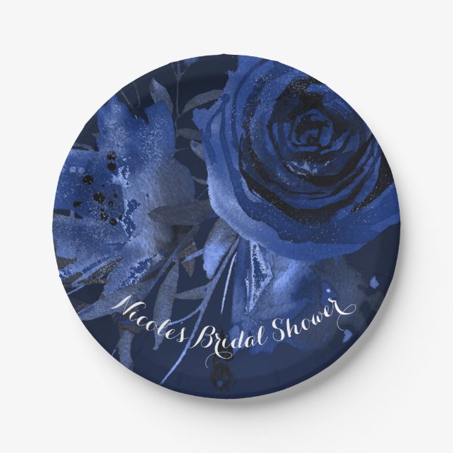 Winter Chic Floral Blue Rose Bold Wedding Paper Plate (Front)