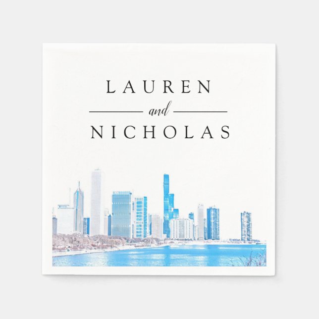 Winter Chicago Skyline Personalised Wedding Napkin (Front)