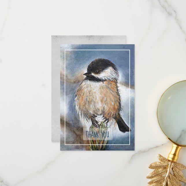 Winter Chickadee Bird Art Thank You Card (Front/Back In Situ)