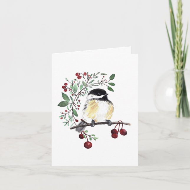 Winter Chickadee Bird Berries Holiday Card (Front)