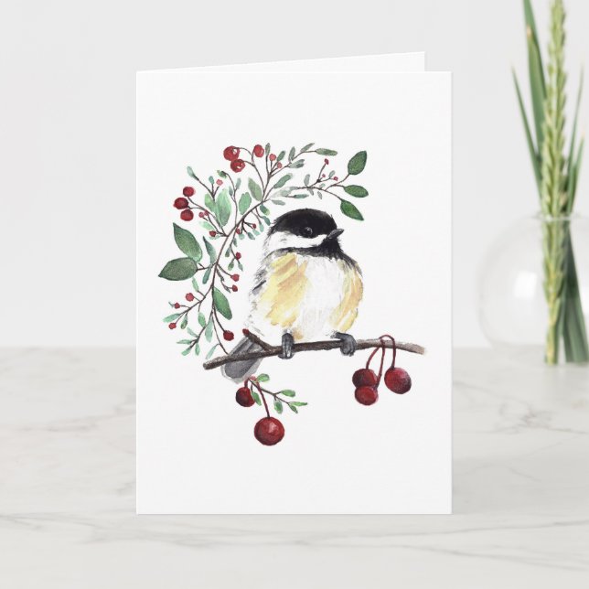 Winter Chickadee Bird Berries Holiday Card (Front)