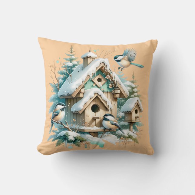 Winter Chickadee Birdhouse Village Cushion (Front)