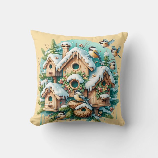 Winter Chickadee Birdhouse Village Cushion (Front)