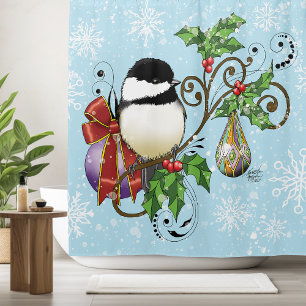 Winter Chickadee Christmas Shower Curtain