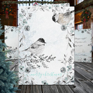 Winter Chickadees Dusty Blue Wreath Christmas Holiday Card
