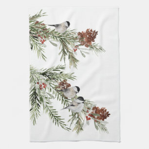 Winter Chickadees Green Spruce Tree Cones Berries Tea Towel
