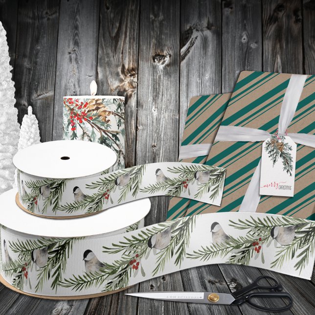 Winter Chickadees On Spruce Branch Holiday Grosgrain Ribbon (Winter Chickadees On Spruce Branch Holiday Ribbon in Satin or Grosgrain in 1.5 & 3 Inch Widths)