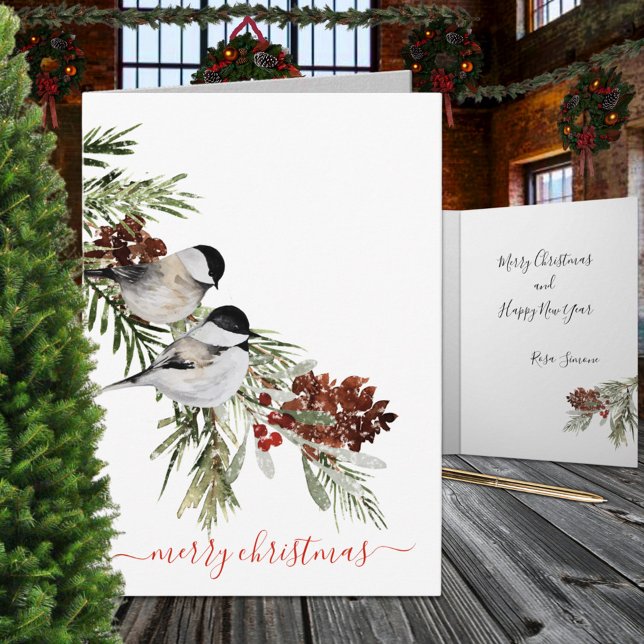 Winter Chickadees Pine Berries Merry Christmas Holiday Card (Winter Chickadees Pine Berries Merry Christmas Holiday Card: watercolour-painted on all 4 sides)