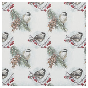 Winter Chickadees Watercolor Christmas Fabric