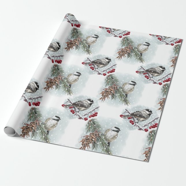 Winter Chickadees, Watercolor Farmhouse Christmas Wrapping Paper (Unrolled)