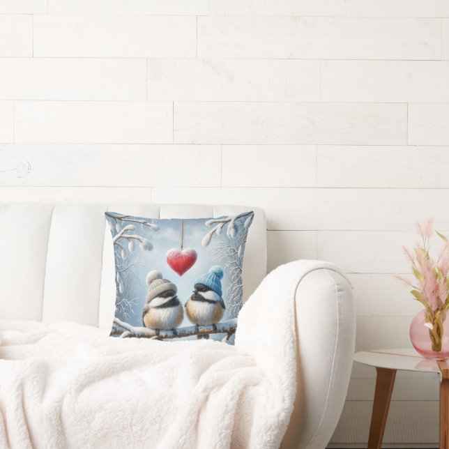 Winter Chickadees With Red Heart Cushion (Couch)